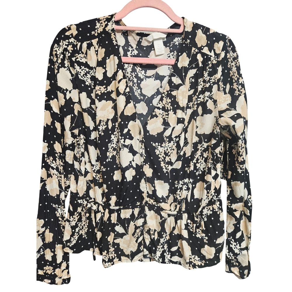 HM Womens Black Floral Polka Dot Wrap Blouse Long Sleeve Peplum Top Size 8